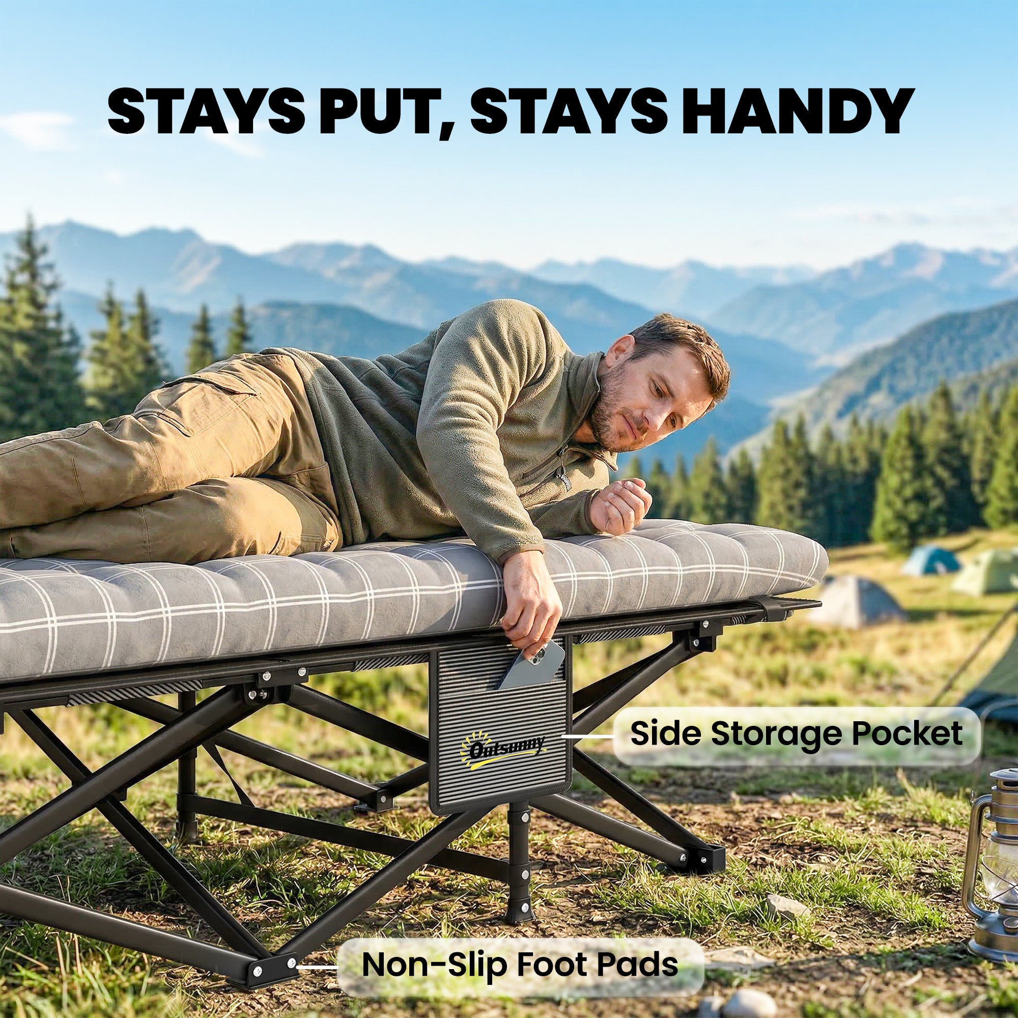 Outsunny Camping Cot with Soft Pad, 80cm Extra Wide Folding Cots with Side Pocket and Carry Bag, Grey 