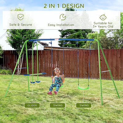 Outsunny Metal Garden Swing Set Height Adjustable Children Outdoor Backyard Play Set for Toddlers Over 3 Years Old, Green 