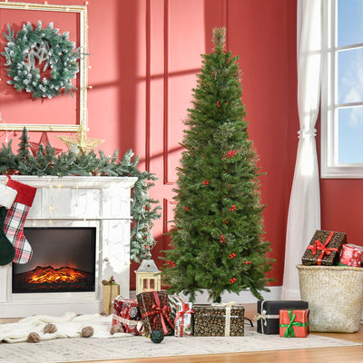 HOMCOM 6ft Pencil Artificial Christmas Tree with Realistic Branches, Red Berries, Auto Open, Green 