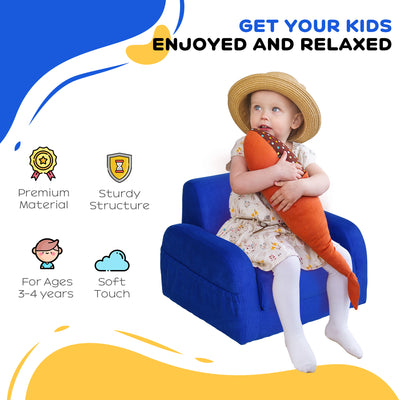 HOMCOM 2 In 1 Kids Armchair Sofa Bed Fold Out Padded Wood Frame Bedroom Blue 