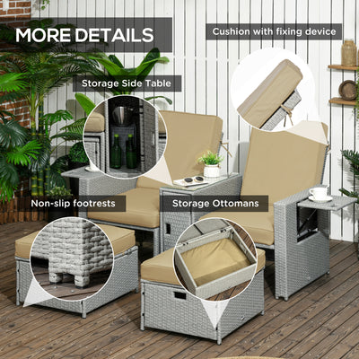 Outsunny 5PC PE Rattan Sun Lounger, Outdoor Wicker 5-level Adjustable Recliner Sofa Bed with Storage Side Table and Footstools, for Patio, Garden, Poolside, Beige 