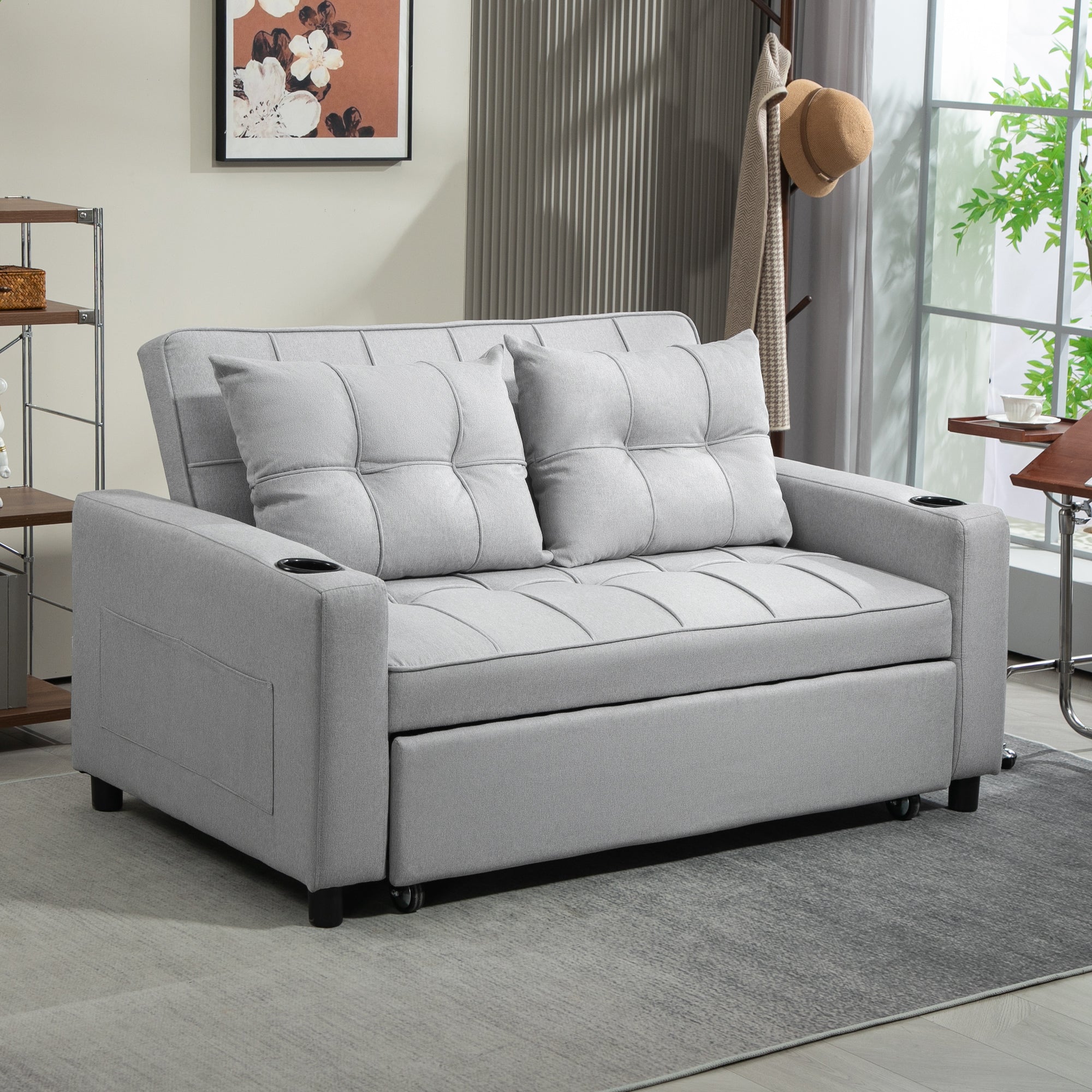HOMCOM Two-Seater Pull-Out Sofa Bed - Light Grey 