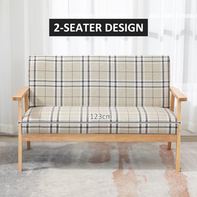 HOMCOM Compact Loveseat Couch Double Seat Sofa with Lattice Pattern and Rubber Wood Frame Beige and Coffee 