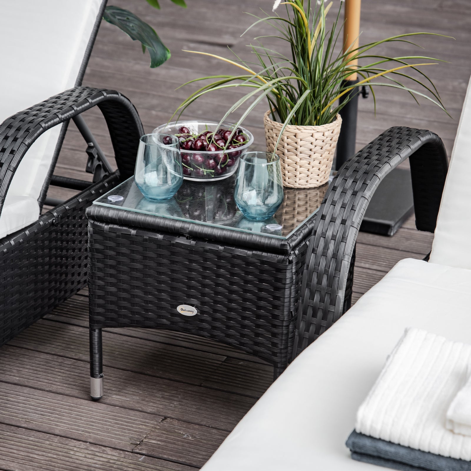 Outsunny 2 Seater Rattan Sun Lounger Set with Side Table Black 