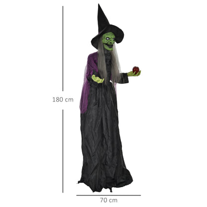HOMCOM 180 cm Life Size Halloween Animated Standing Witch, Spooky Witch with Glowing LED Eyes,  Battery Operated