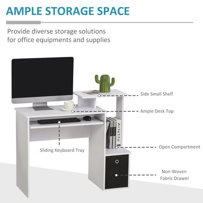 HOMCOM Computer Desk with Sliding Keyboard Tray Storage Drawer Shelf Home Office Workstation White 