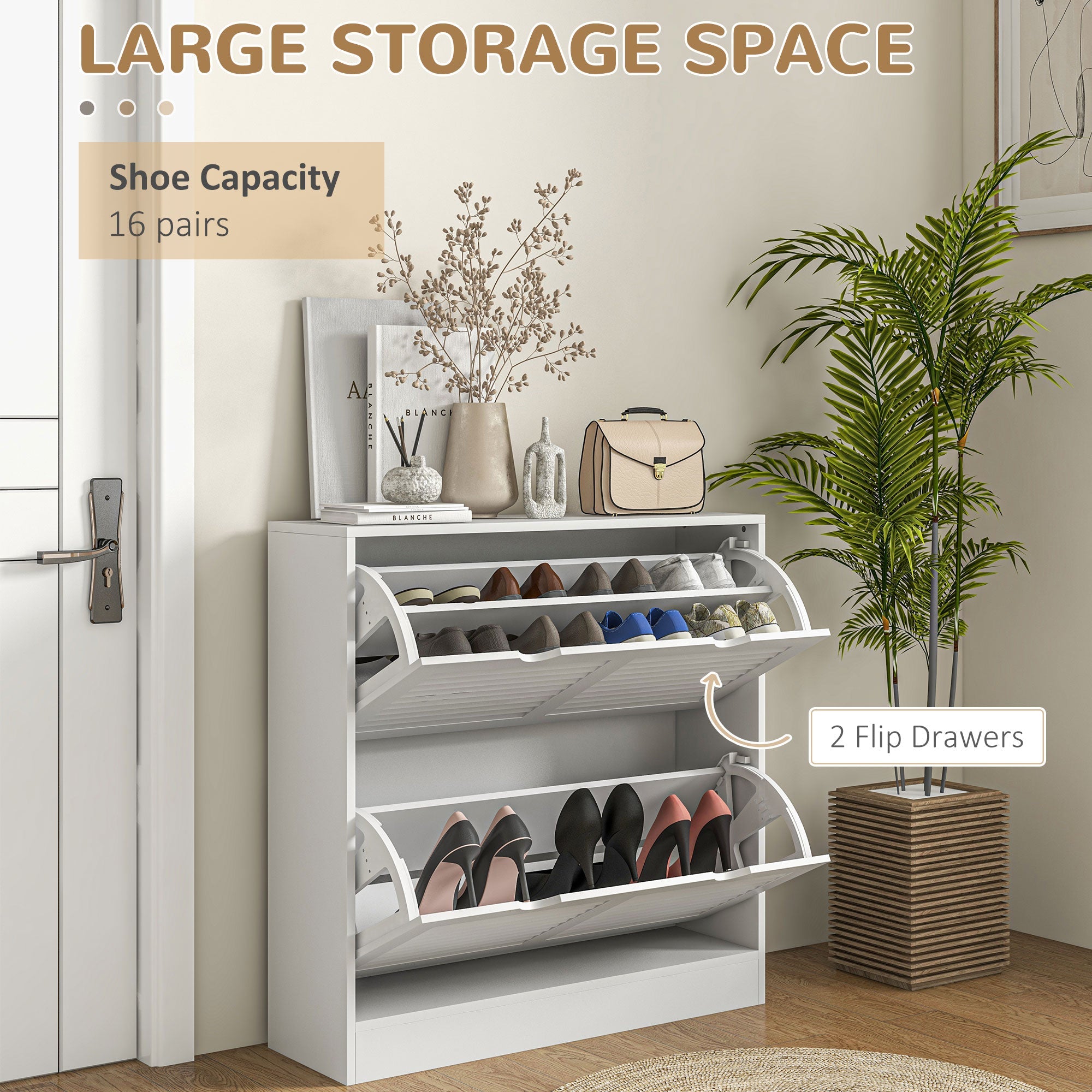 HOMCOM 2 Drawers Entryway Shoe Cabinet, Narrow Shoe Storage Cabinet with 2 Flip Drawers, Louvred Door Design and Adjustable Shelves for 16 Pairs of Shoes, White 