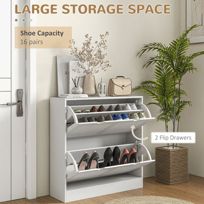 HOMCOM 2 Drawers Entryway Shoe Cabinet, Narrow Shoe Storage Cabinet with 2 Flip Drawers, Louvred Door Design and Adjustable Shelves for 16 Pairs of Shoes, White 