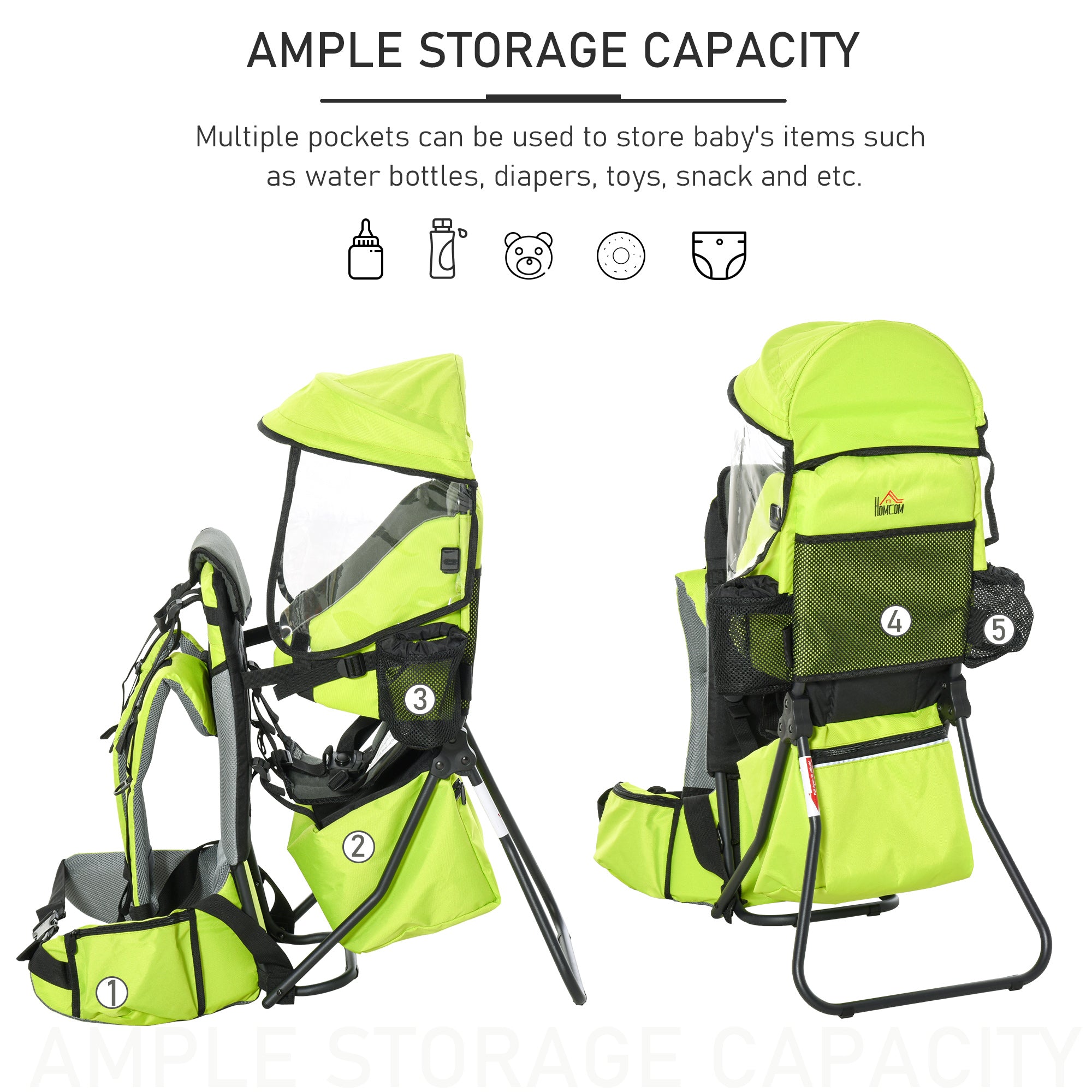 HOMCOM Baby Hiking Backpack Carrier Child Carrier with Ergonomic Hip Seat Detachable Rain Cover Adjustable Straps Stand for Toddler 6 - 36 Months Green 