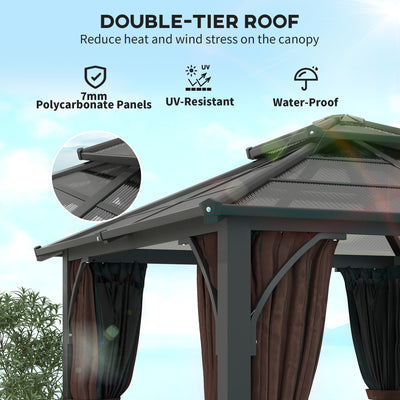 Outsunny 3 x 3(m) Hardtop Gazebo Canopy with 7mm Double Polycarbonate Roof, Garden Gazebo Permanent Pavilion with Mosquito Netting and Curtains for Patio, Deck, Brown 