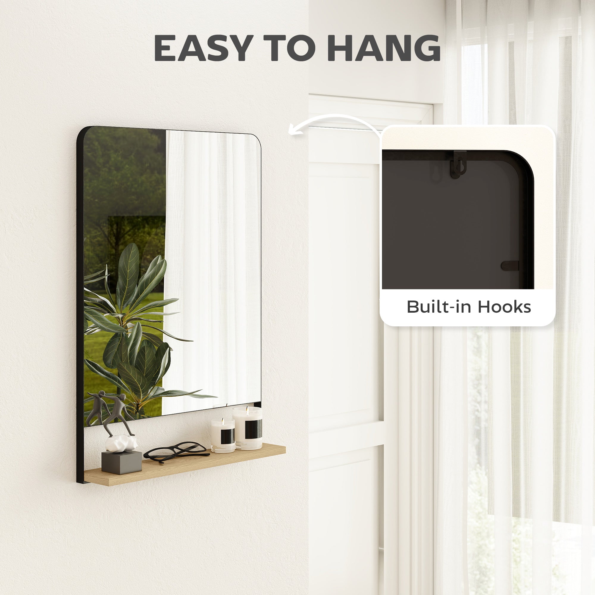 HOMCOM Wall Mirror with Wood Shelf - Black 