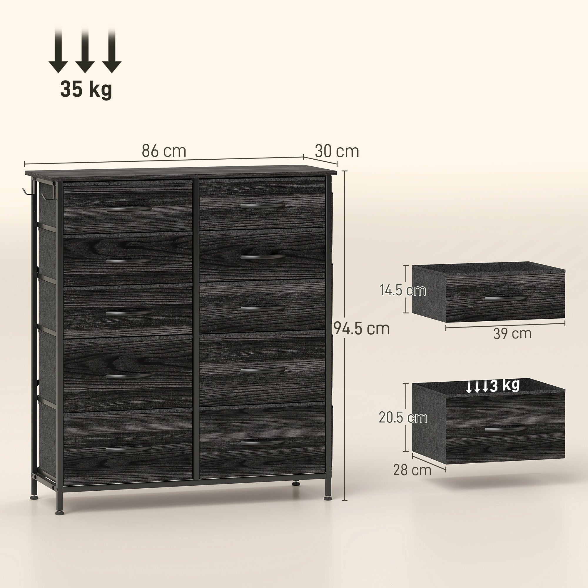 HOMCOM Chest of Ten Fabric Drawers - Black