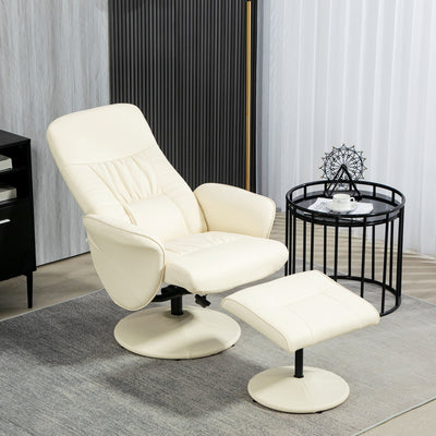 HOMCOM Swivel Recliner Chair with Footstool, PU Leather Armchair and Ottoman with High Back and Round Base for Living Room, Cream White 