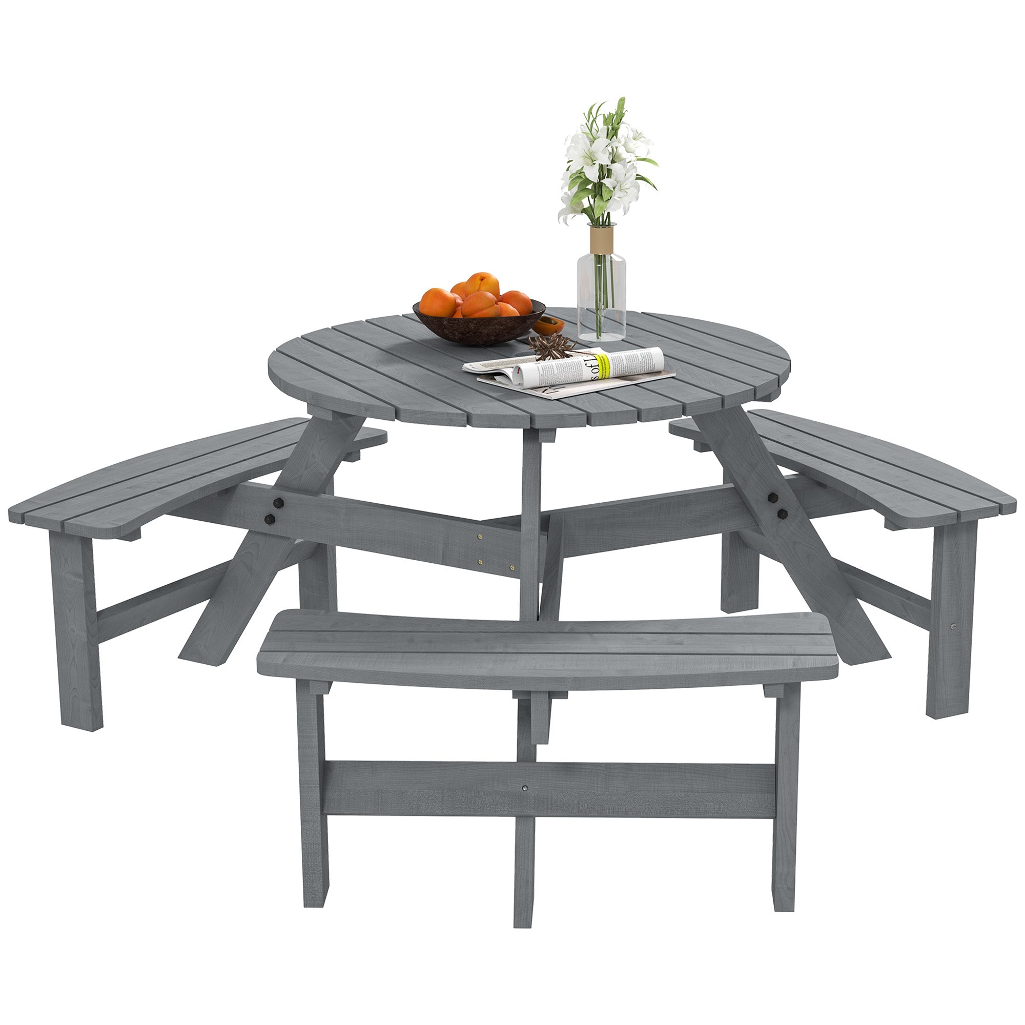 Outsunny 6 Seater Wooden Picnic Table and Garden Benches Set, Round Garden Dining Set with 3 Benches and Umbrella Hole Outdoor Garden Park, Grey 