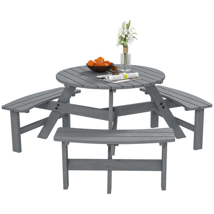 Outsunny 6 Seater Wooden Picnic Table and Garden Benches Set, Round Garden Dining Set with 3 Benches and Umbrella Hole Outdoor Garden Park, Grey 
