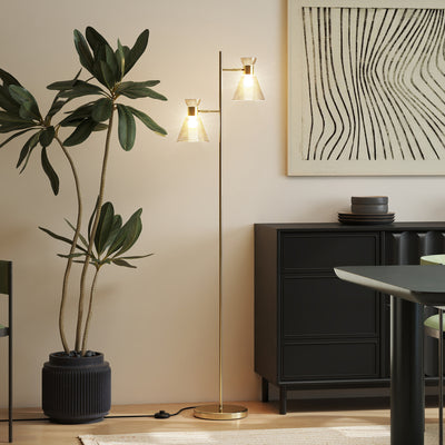 HOMCOM Floor Lamp with Adjustable Dual Head, Modern Standing Lamp with Floral Glass Shades and Foot Switch for Living Room Bedroom, E27 Socket, Bulb Not Included, Gold Tone 