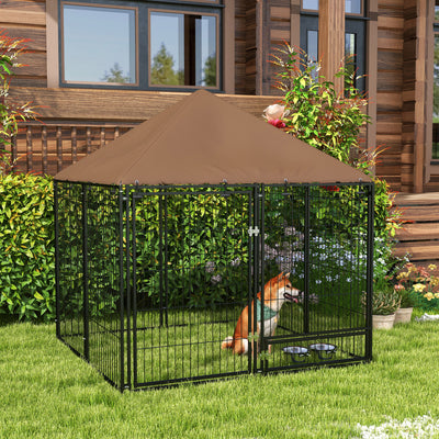 PawHut Outdoor Dog Kennel Puppy Play Pen with Canopy Garden Playpen Fence Crate Enclosure Cage Rotating Bowl 141 x 141 x 151 cm 