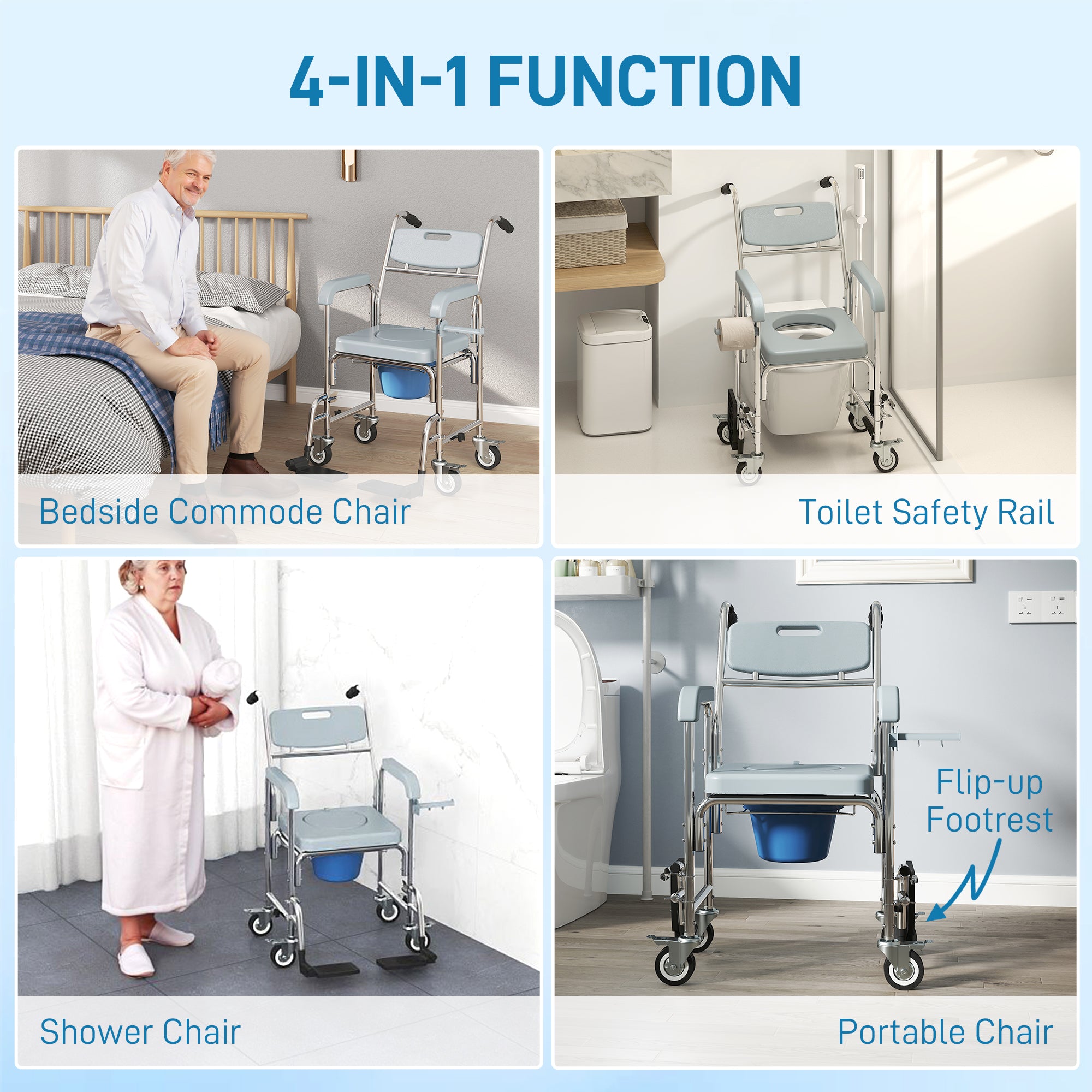 HOMCOM Rolling Shower Wheelchair for Seniors, Bedside Commode Chair with Locking Wheels, Seat, Backrest, Arms, Grey 