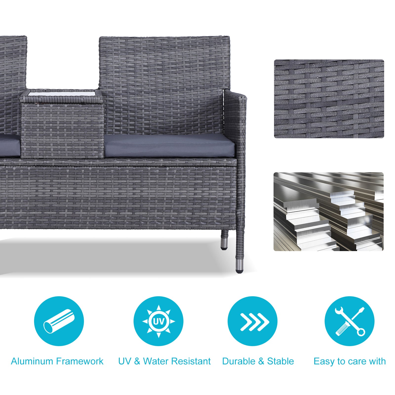 Outsunny 2-Seater PE Rattan Outdoor Garden Bench w/ Centre Table Grey 