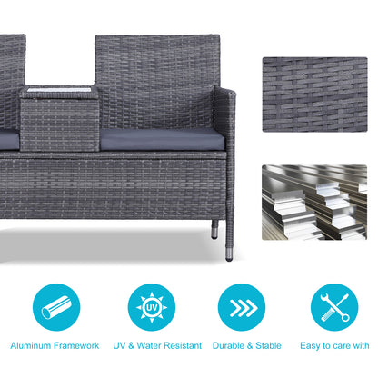 Outsunny 2-Seater PE Rattan Outdoor Garden Bench w/ Centre Table Grey 