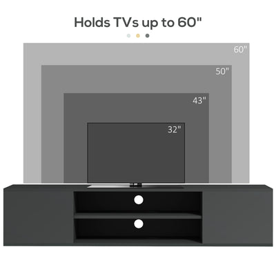 HOMCOM Floating TV Stand Cabinet for TVs up to 60", Wall Mounted TV Unit with Open Shelf, Storage Cupboards and Cable Management for Living Room, Grey 