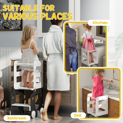 AIYAPLAY Toddler Step Stool, 4 in 1 Standing Tower, Foldable Toddler Step with Safety Rail, for Kitchen, Bathroom, Grey 