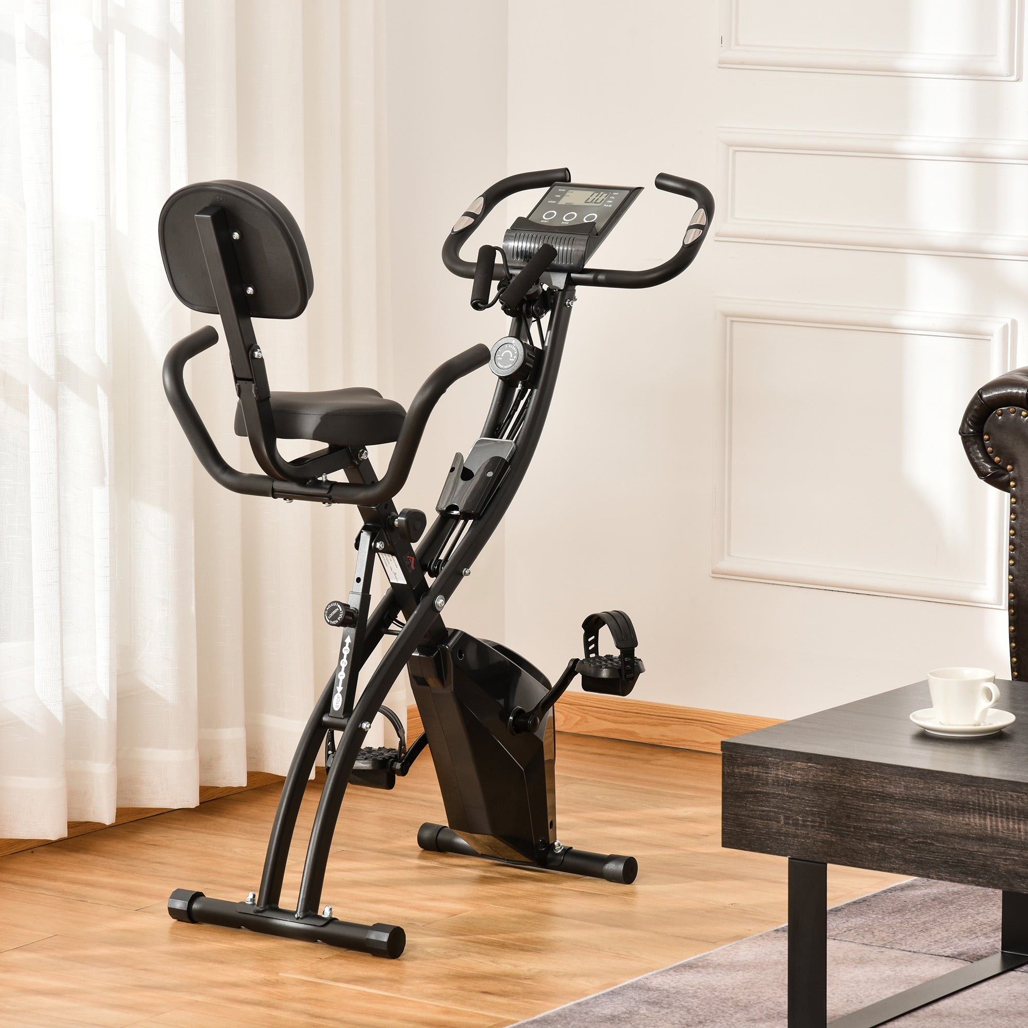 HOMCOM 2-in-1 Folding Exercise Bike with 8-Level Magnetic Resistance, Arm Resistance Band, Pulse Sensor, Black 