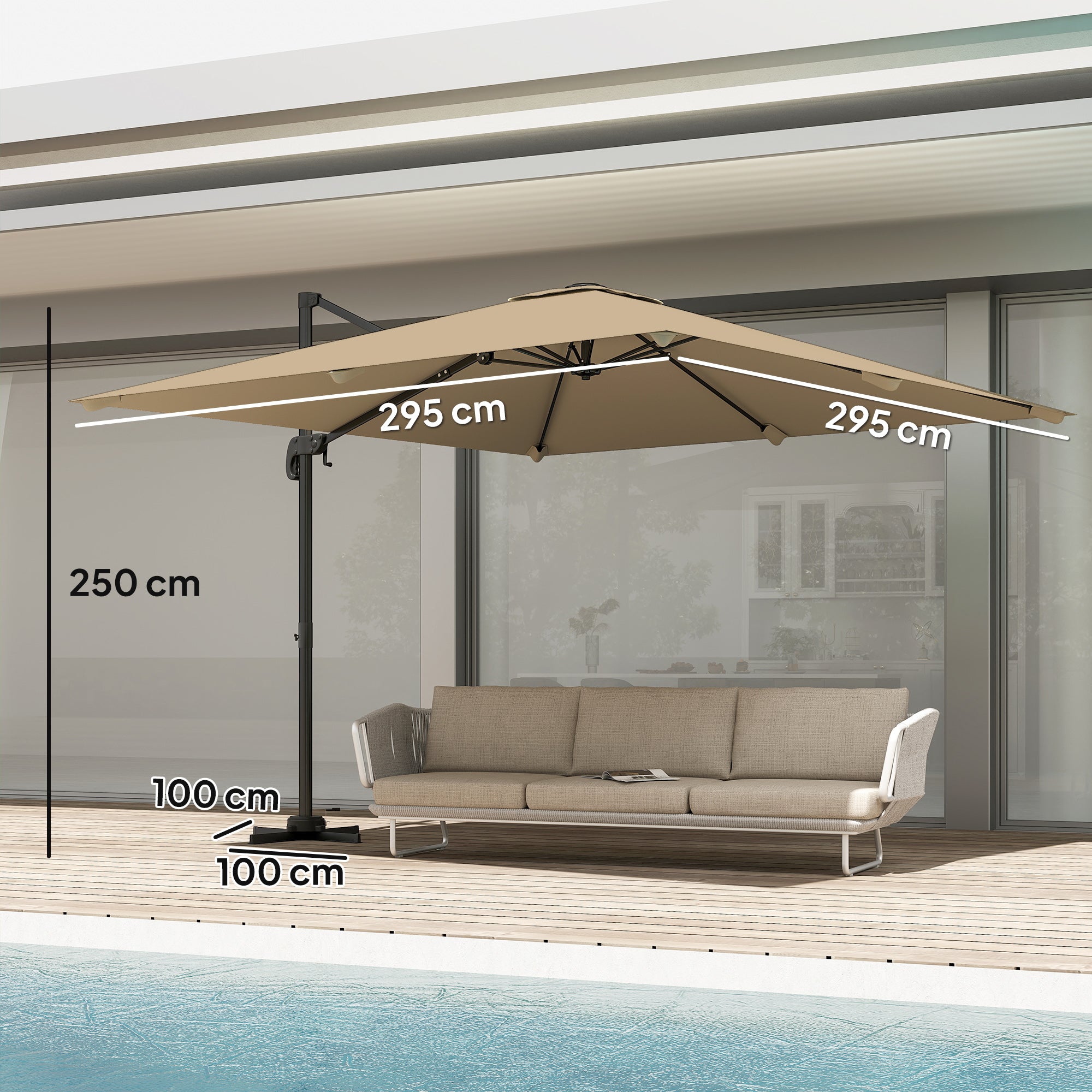 Outsunny 3 x 3 m Cantilever Parasol, Square Patio Umbrella with Crank Handle, Cross Base, Tilt, 360° Rotation, Khaki 