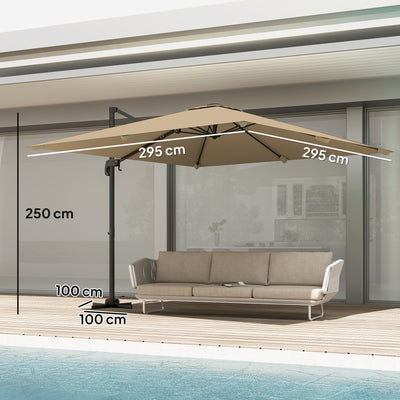 Outsunny 3 x 3 m Cantilever Parasol, Square Patio Umbrella with Crank Handle, Cross Base, Tilt, 360° Rotation, Khaki 