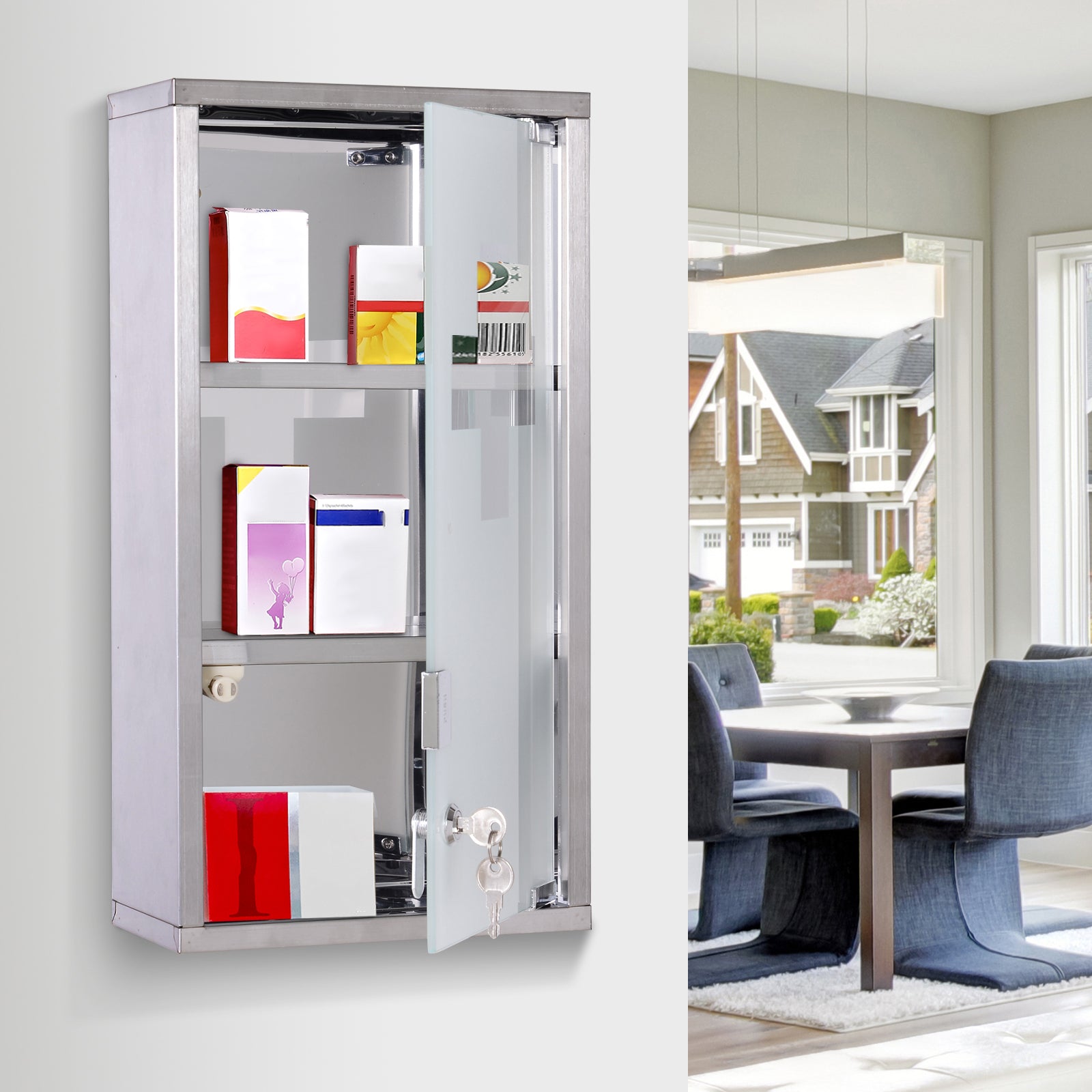 HOMCOM Stainless Steel wall mounted Medicine Cabinet with 2 Shelves + Security Glass Door Lockable 48 cm(H) 