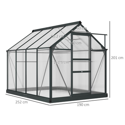 Outsunny 6 x 8ft Polycarbonate Greenhouse, Large Walk-In Green House with Slide Door and Window, Garden Plants Grow House with Aluminium Frame and Foundation, Grey 