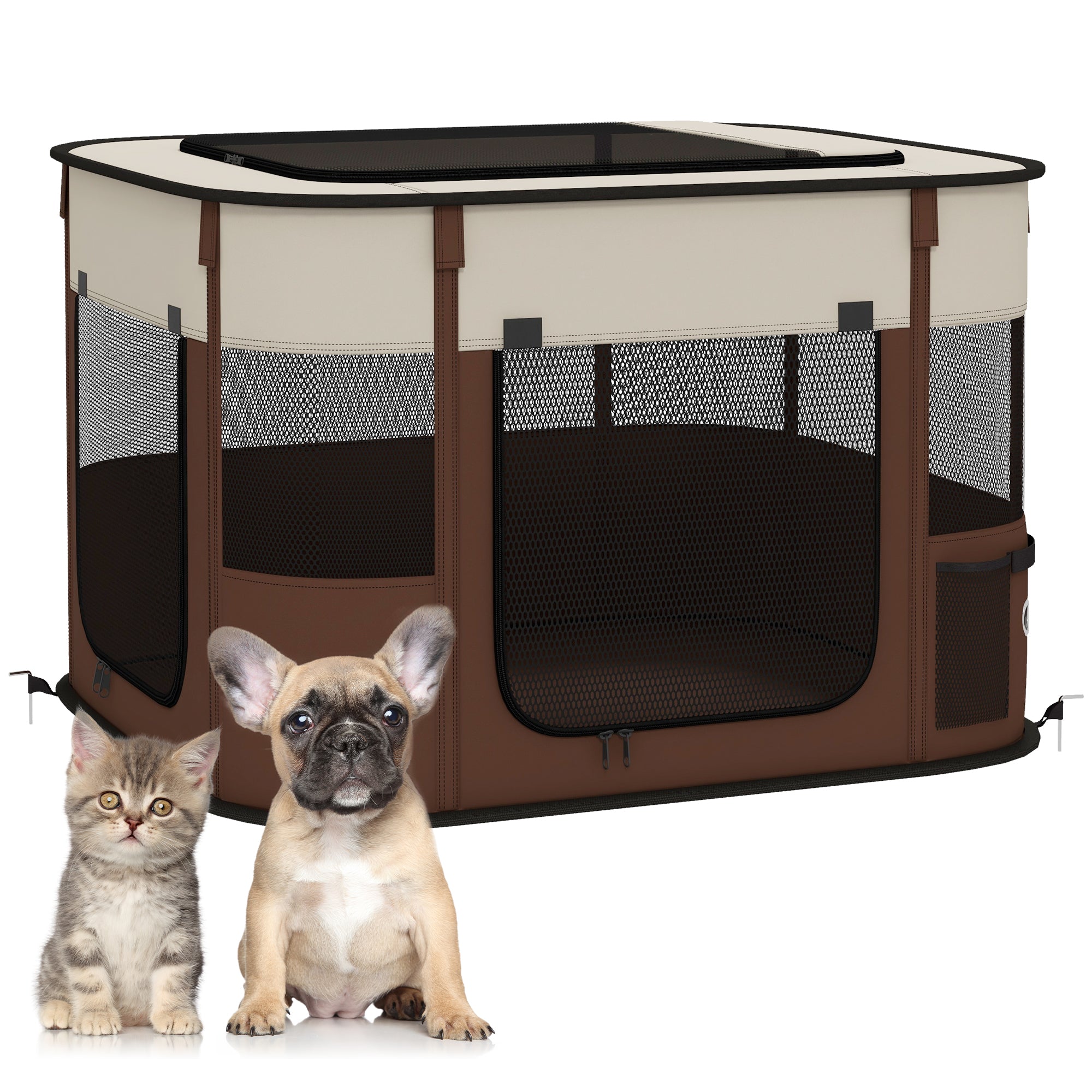 PawHut Foldable Dog Pen with Storage Bag for Indoor/Outdoor Use, Portable Pet playpen, with Ground Stakes - Brown 