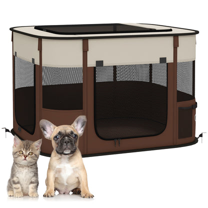 PawHut Foldable Dog Pen with Storage Bag for Indoor/Outdoor Use, Portable Pet playpen, with Ground Stakes - Brown 