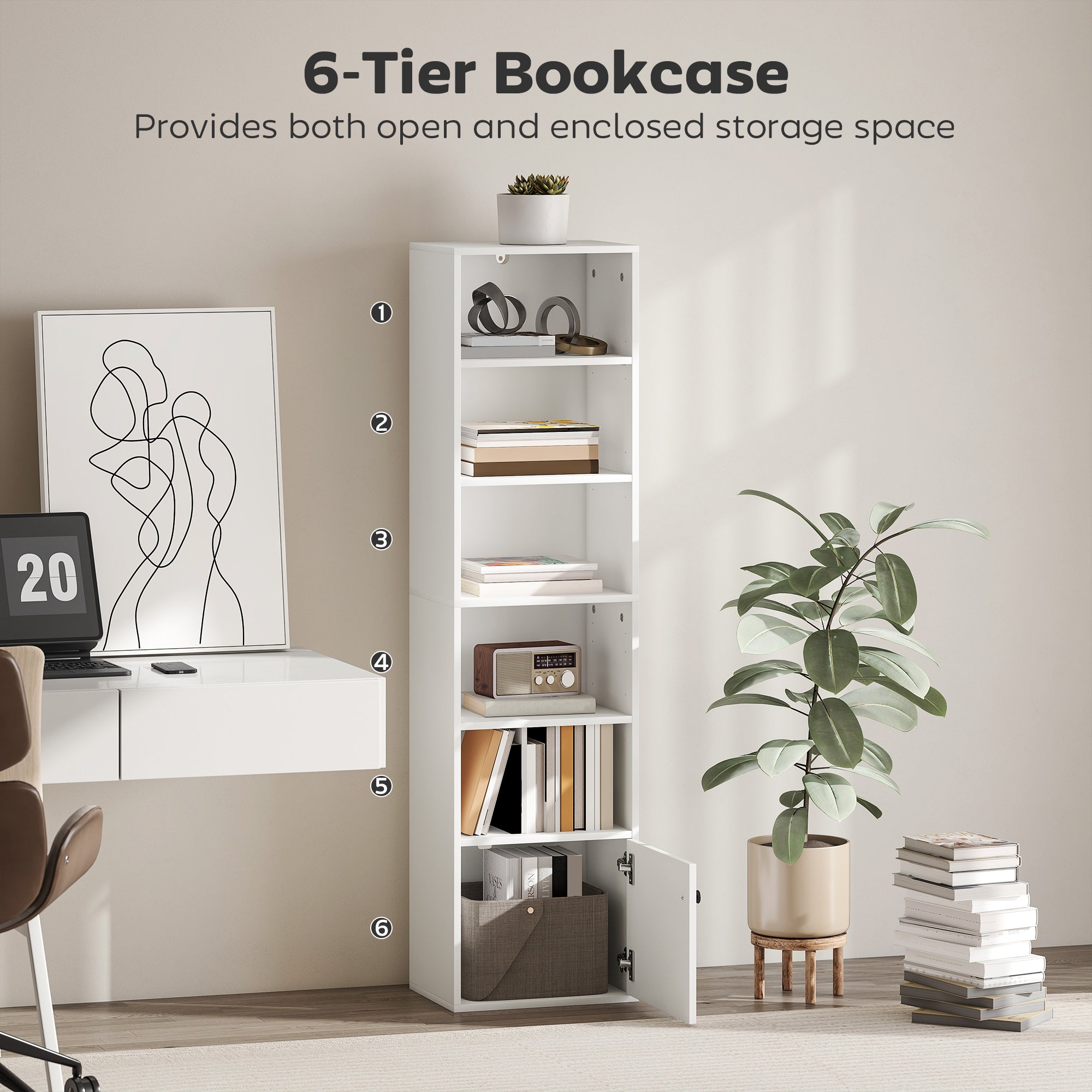 HOMCOM 6-Tier 156 cm Tall Bookcase - White 