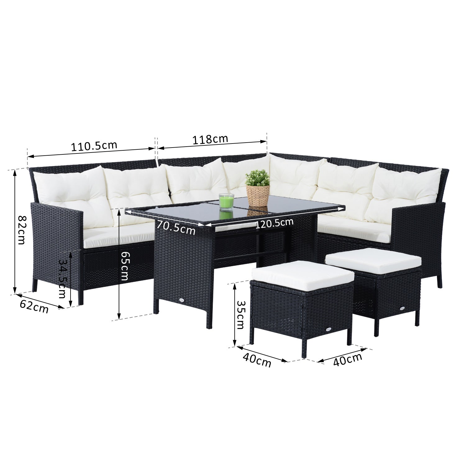 Outsunny 8-Seater Garden Rattan Furniture Rattan Corner Dining Sofa Set Wicker Conservatory Furniture Lawn Patio Coffee Table Foot Stool w/Cushion-Black 