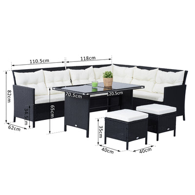 Outsunny 8-Seater Garden Rattan Furniture Rattan Corner Dining Sofa Set Wicker Conservatory Furniture Lawn Patio Coffee Table Foot Stool w/Cushion-Black 