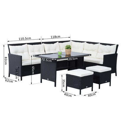 Outsunny 8-Seater Garden Rattan Furniture Rattan Corner Dining Sofa Set Wicker Conservatory Furniture Lawn Patio Coffee Table Foot Stool w/Cushion-Black 