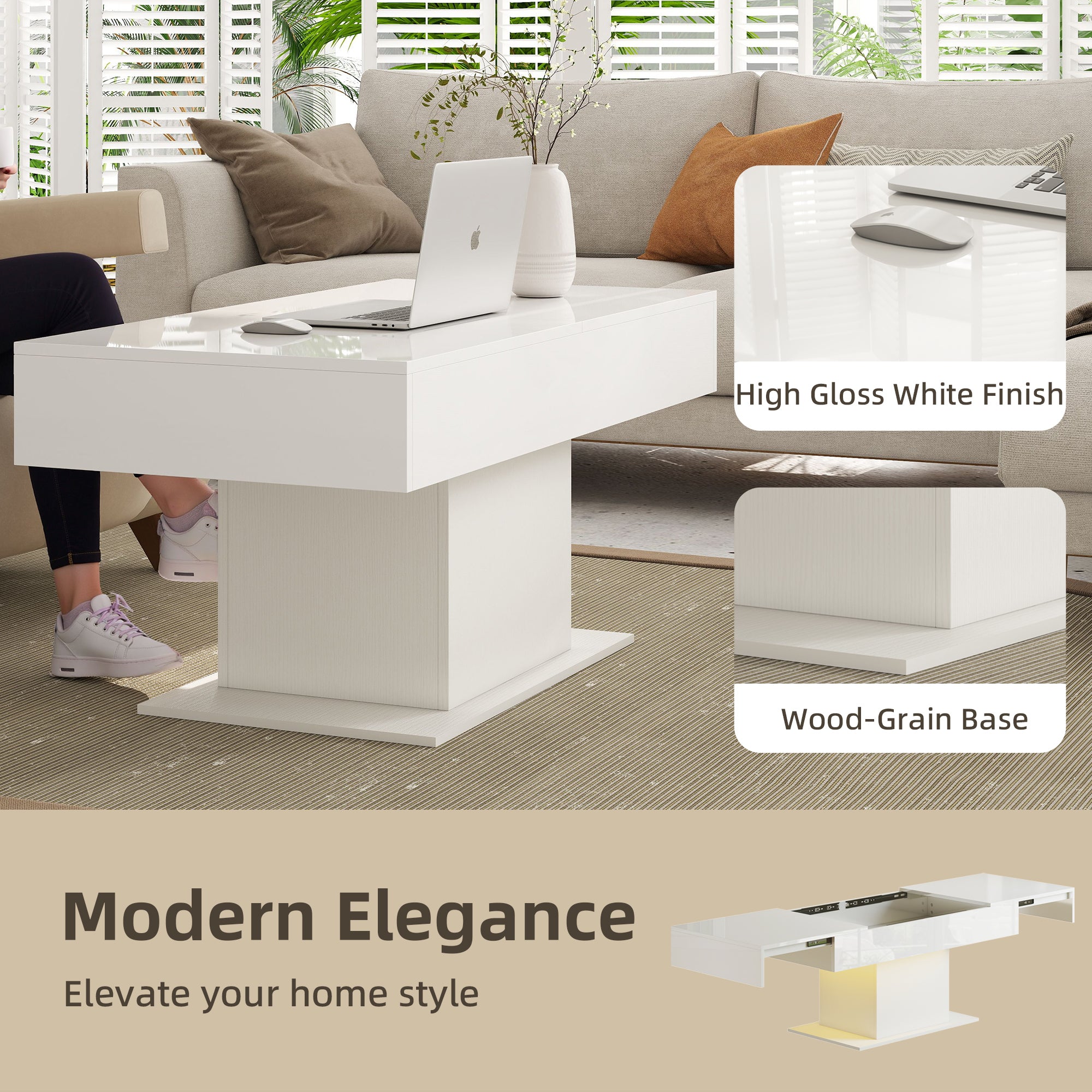 HOMCOM Extendable Coffee Table with LED Lights and Storage - High Gloss White 