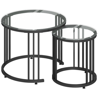 HOMCOM Round Coffee Tables Set of 2, Nesting Tables with Tempered Glass Top and Steel Frame, Black 