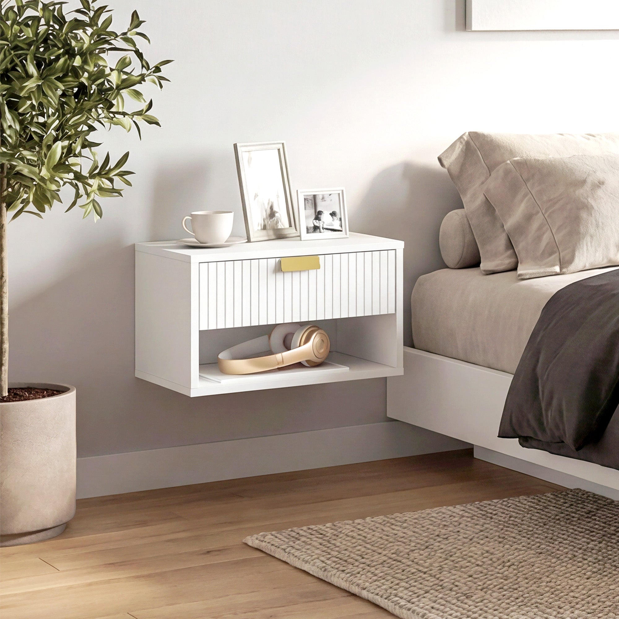 HOMCOM Set of 2 Wall Mounted Nightstands, Floating Bedside Tables with Fluted Drawer and Open Shelf for Small Bedroom, White 