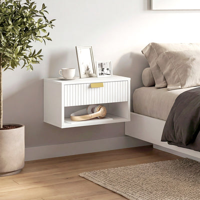 HOMCOM Set of 2 Wall Mounted Nightstands, Floating Bedside Tables with Fluted Drawer and Open Shelf for Small Bedroom, White 