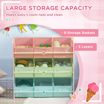 ZONEKIZ Kids Storage Rack, with Nine Removable Baskets, for Nursery, Bedroom, Playroom - Pink 
