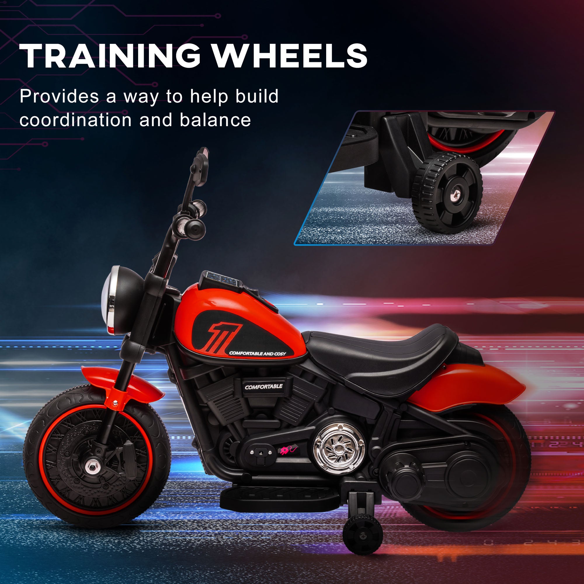HOMCOM 6v Electric Motorbike with Training Wheels, One-Button Start - Red 