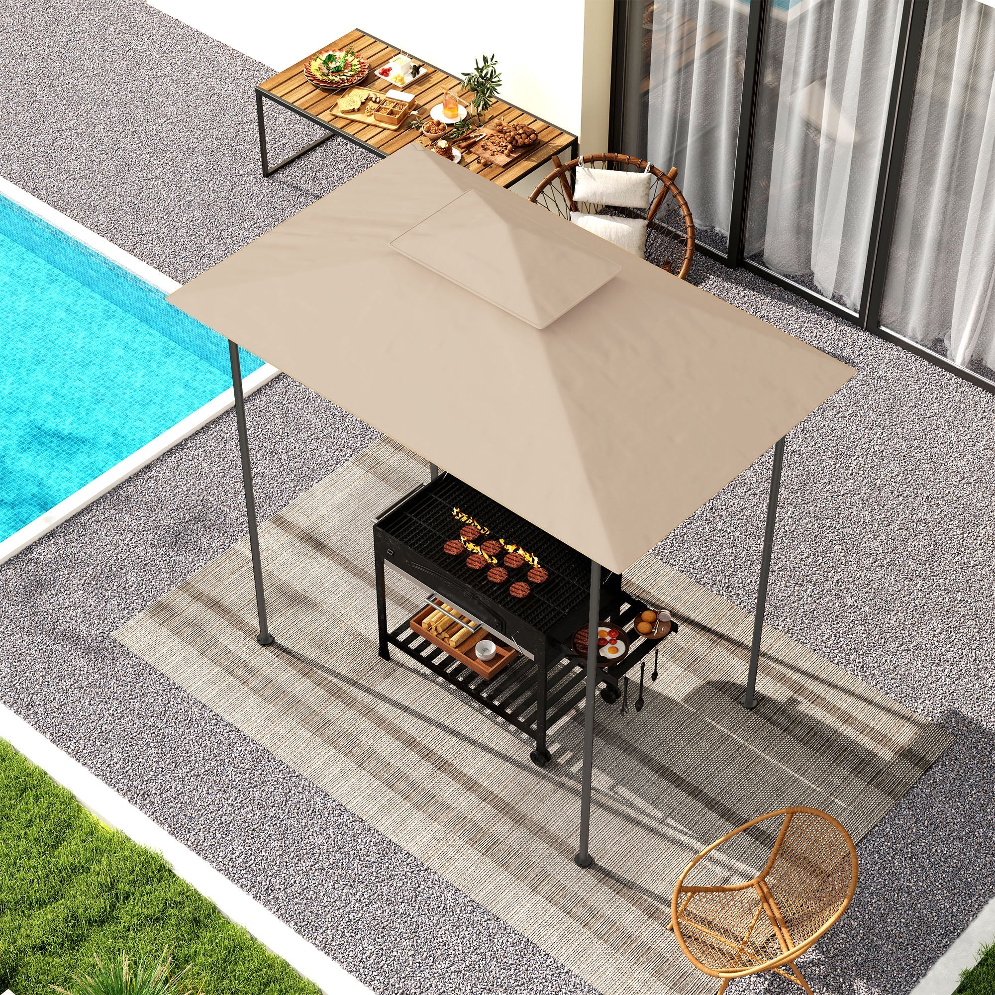 Outsunny Grill Gazebo Replacement Canopy Roof for 1.5 x 2.4m Frame, UPF50+ Protection, Double Tiered 5' x 8' Outdoor BBQ Gazebo Cover Replacement, TOP COVER ONLY, Beige 