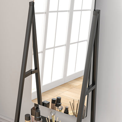 HOMCOM Free Standing Dressing Mirror, Rolling Full Length Mirror on Wheels with Adjustable Angle, Storage Shelves for Bedroom 