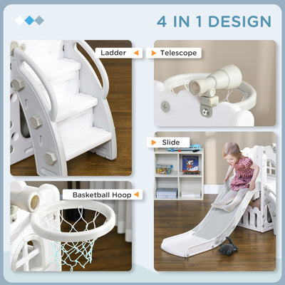 AIYAPLAY 4 in 1 Toddler Slide with Basketball Hoop, Climber, Telescope, Storage Basket, for Ages 1-3 Years, Grey 