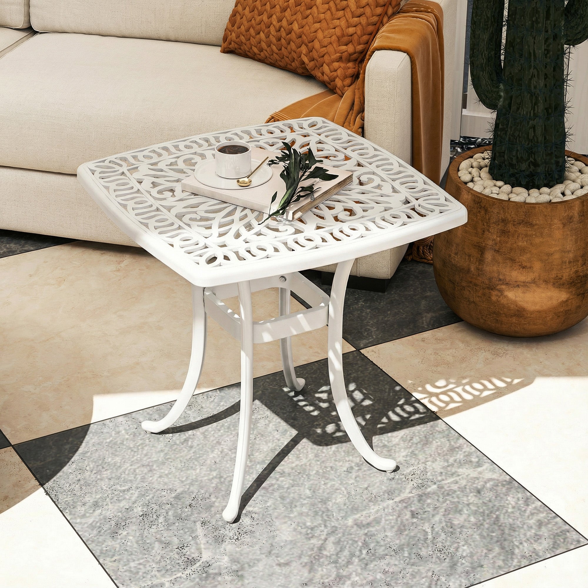 Outsunny Outdoor Garden Table with 38mm Dia. Umbrella Hole, Cast Aluminium Patio End Table with Anti-slip Foot Pads for Garden 
