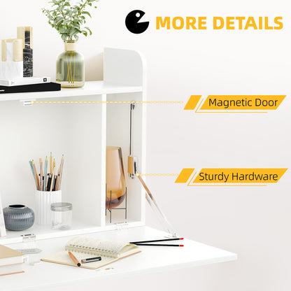 HOMCOM Wall Mounted Table, Drop Leaf Floating Laptop Desk with Space Saving Storage Compartments for Home Office and Study, 77cm x 20cm x 51cm, White 