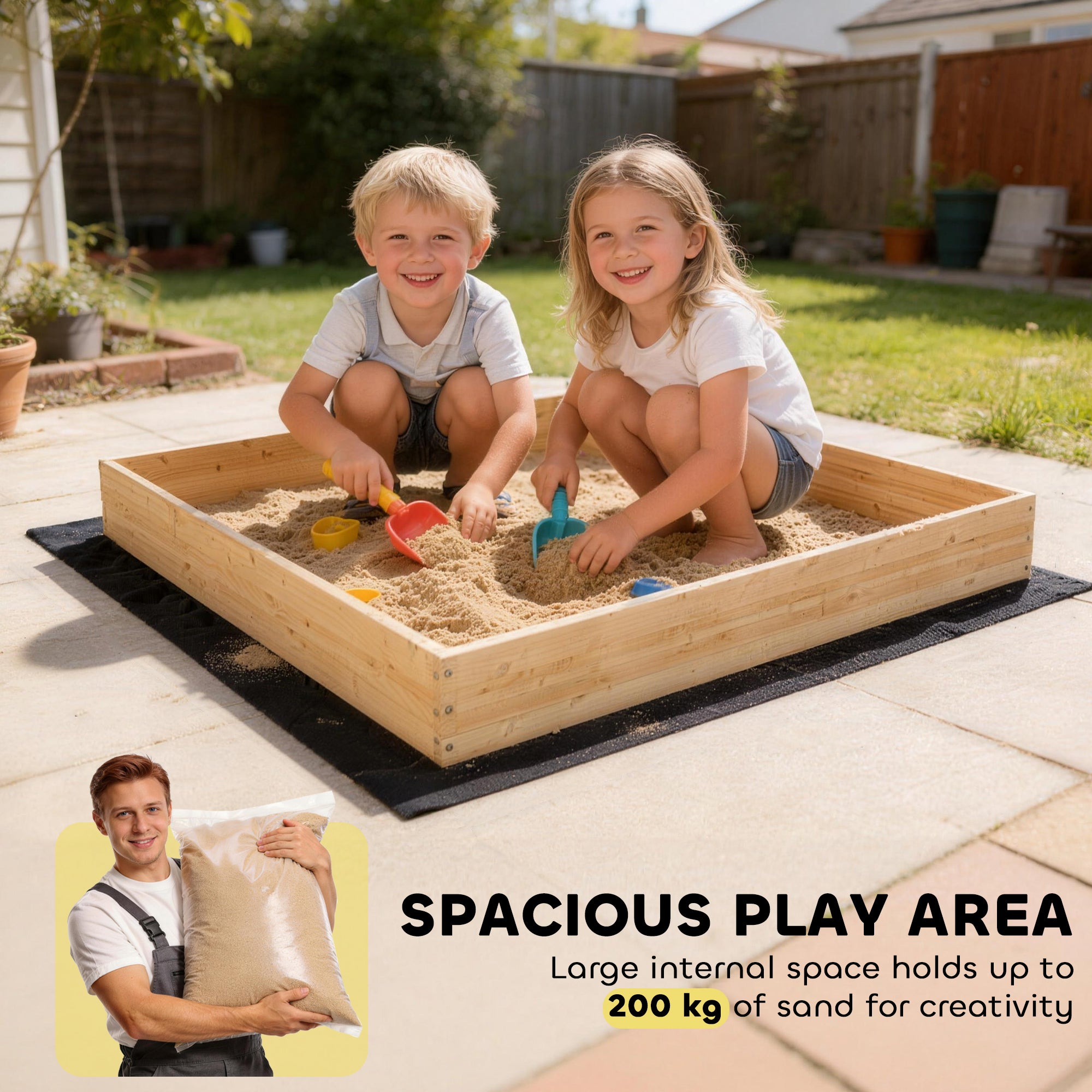 AIYAPLAY Wooden Sand Pit with Digger, Kids Sandbox Outdoor, SandPit with 360 Swivel Seat and Bottom Liner 