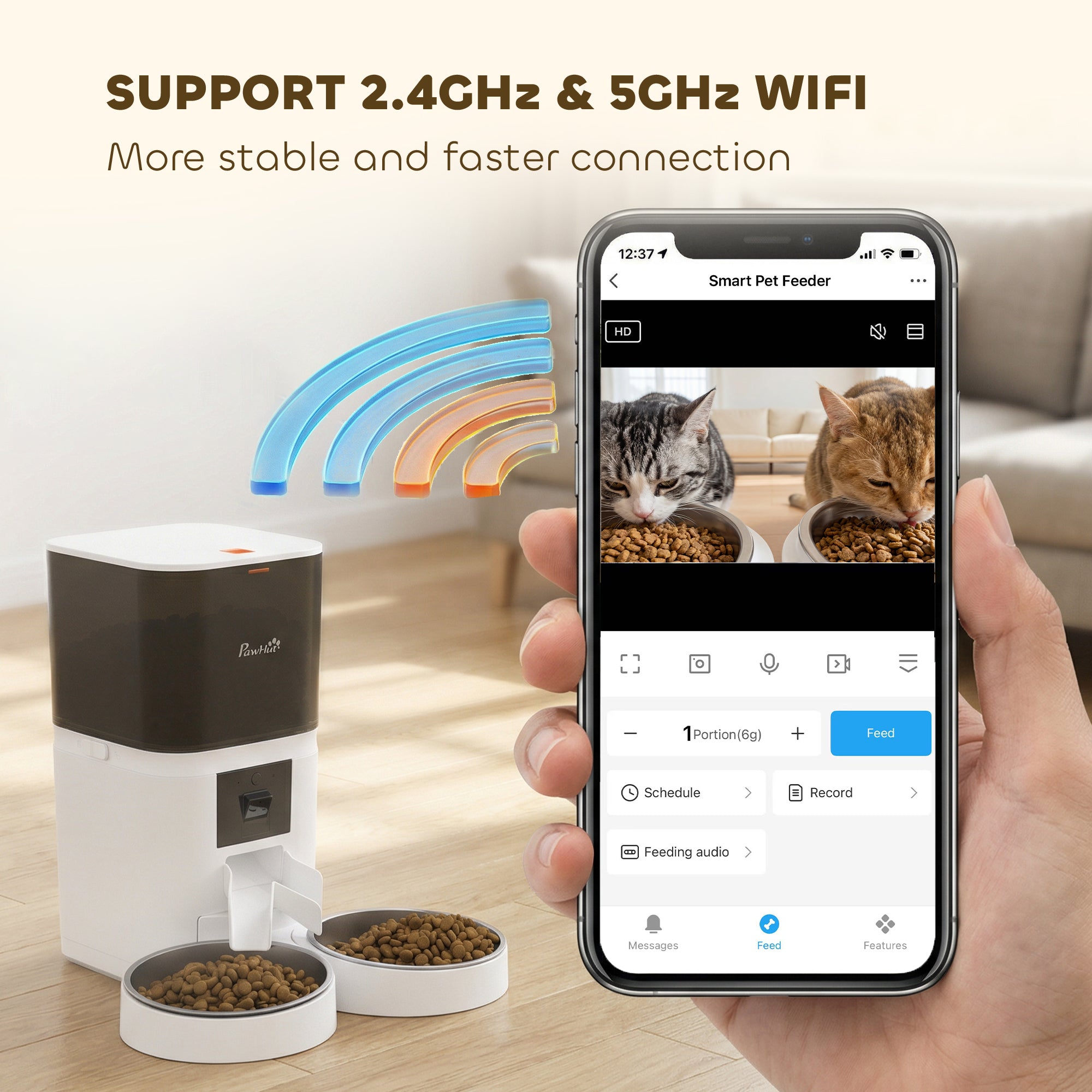 PawHut Automatic Cat Feeder for 2 Cats with HD Camera，2.4G & 5G WiFi Pet Food Dispenser 6L APP Control 